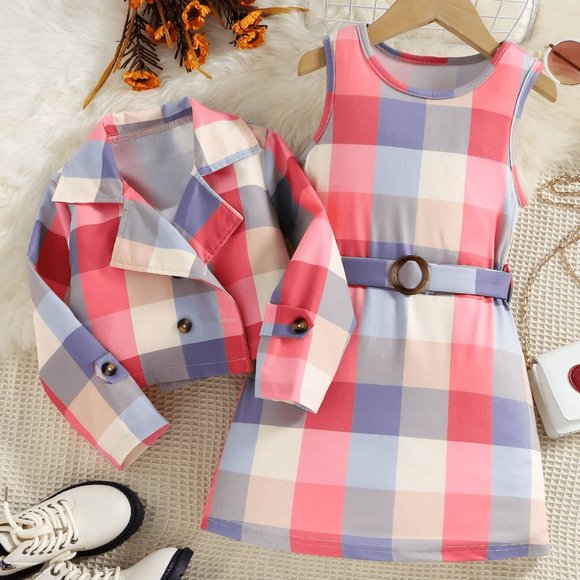GIRLS PLAID JACKET AND SLEEVELESS DRESS SET - Picture 1 of 6